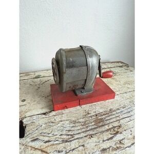 Vintage Pencil Sharpener on Wooden Base Metal Red Manual Desk Accessory